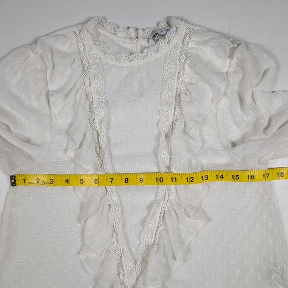 Zara Women’s M White Sheer Polka Dot Lace Ruffle Long Sleeve Blouse Boho Cottage - Picture 6 of 11